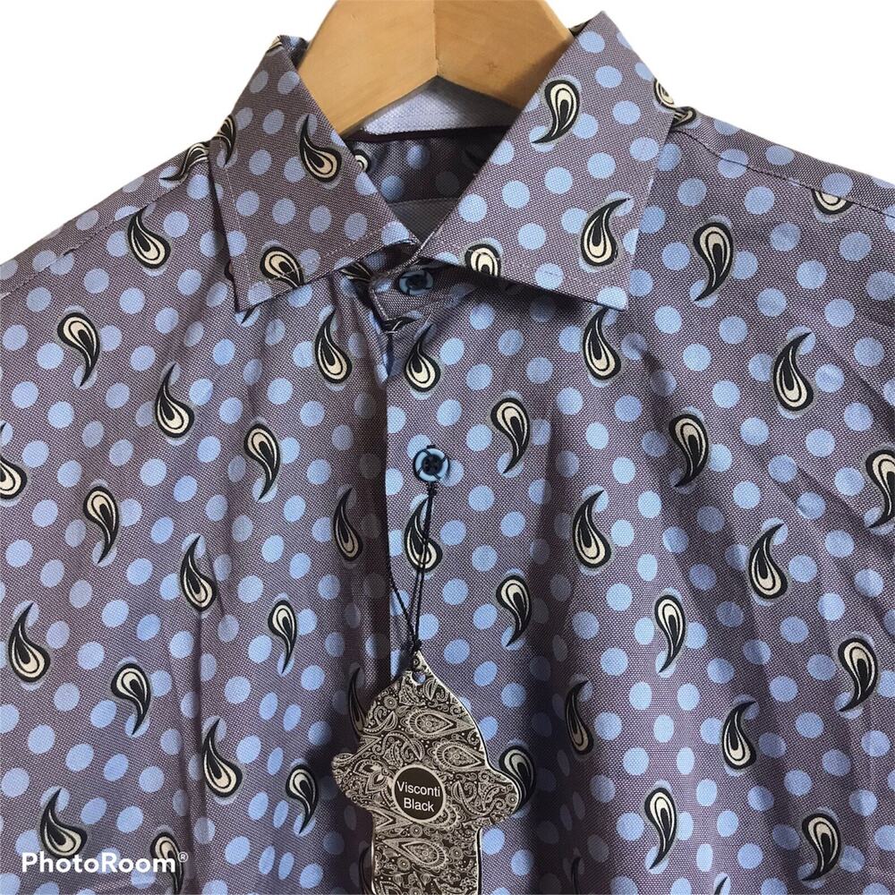 VISCONTI BLACK Shirt Mens Small Grey Paisley Polka Dot Long Sleeve #4131 NEW